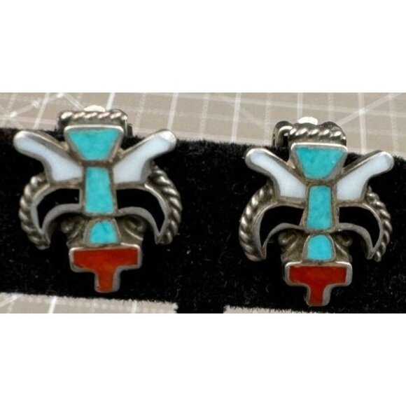 Zuni Sterling Silver Inlay Old Pawn Zuni Knifewing Kachina Clip-On Earrings - Picture 1 of 4
